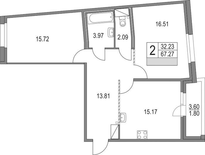 2-комнатная квартира 67.27 м², 4/16 эт., ЖК «Приморский квартал»